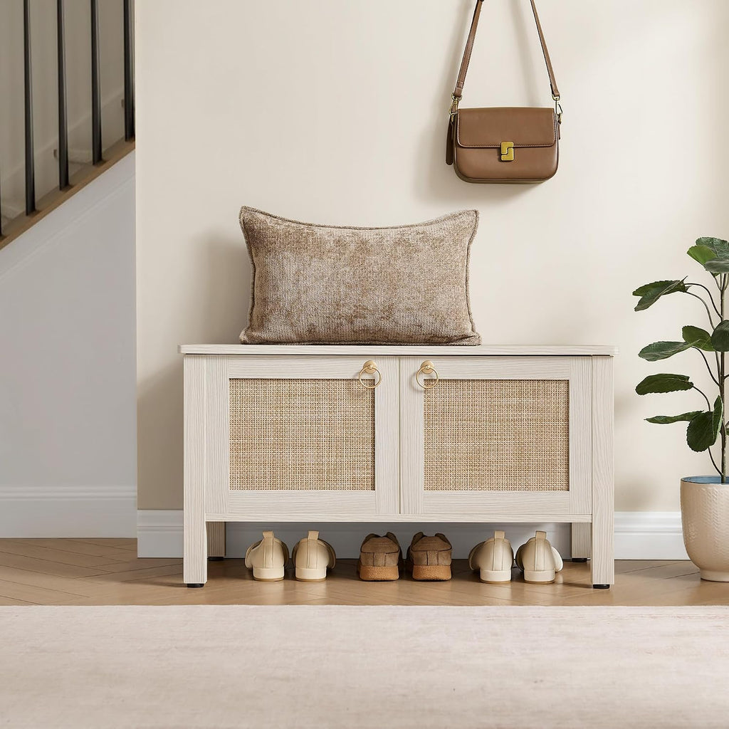 SICOTAS Rattan Shoe Rack Bench with Lift Top Storage: White Farmhouse Boho Shoe Cabinet Entryway Bench with Safety Hinges, Wooden Storage Chest for Bedroom, Entryway, Hallway, Living Room