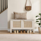 SICOTAS Rattan Shoe Rack Bench with Lift Top Storage: White Farmhouse Boho Shoe Cabinet Entryway Bench with Safety Hinges, Wooden Storage Chest for Bedroom, Entryway, Hallway, Living Room