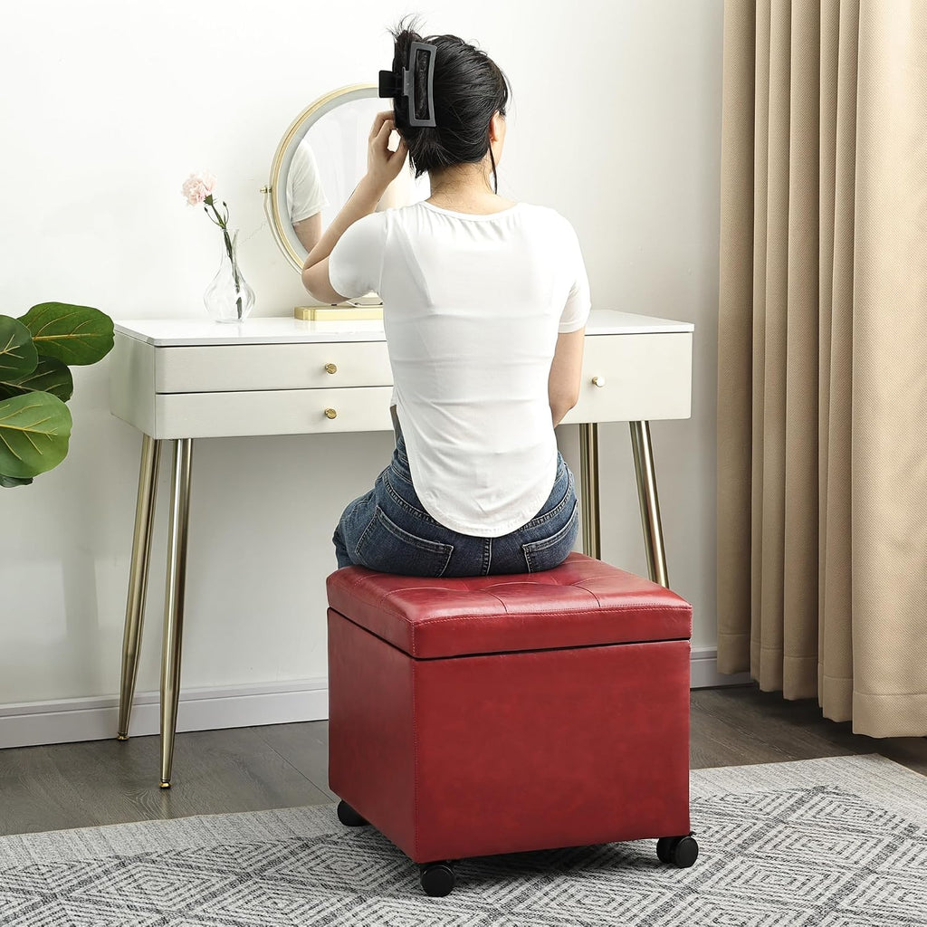 Homebeez Storage Ottoman with Rolling Wheels, PU Leather Tufted Cube Footrest with Casters, 17.7" Square Tufted Distressed Ottomans for Living Room,Bedroom, 300lb Capacity