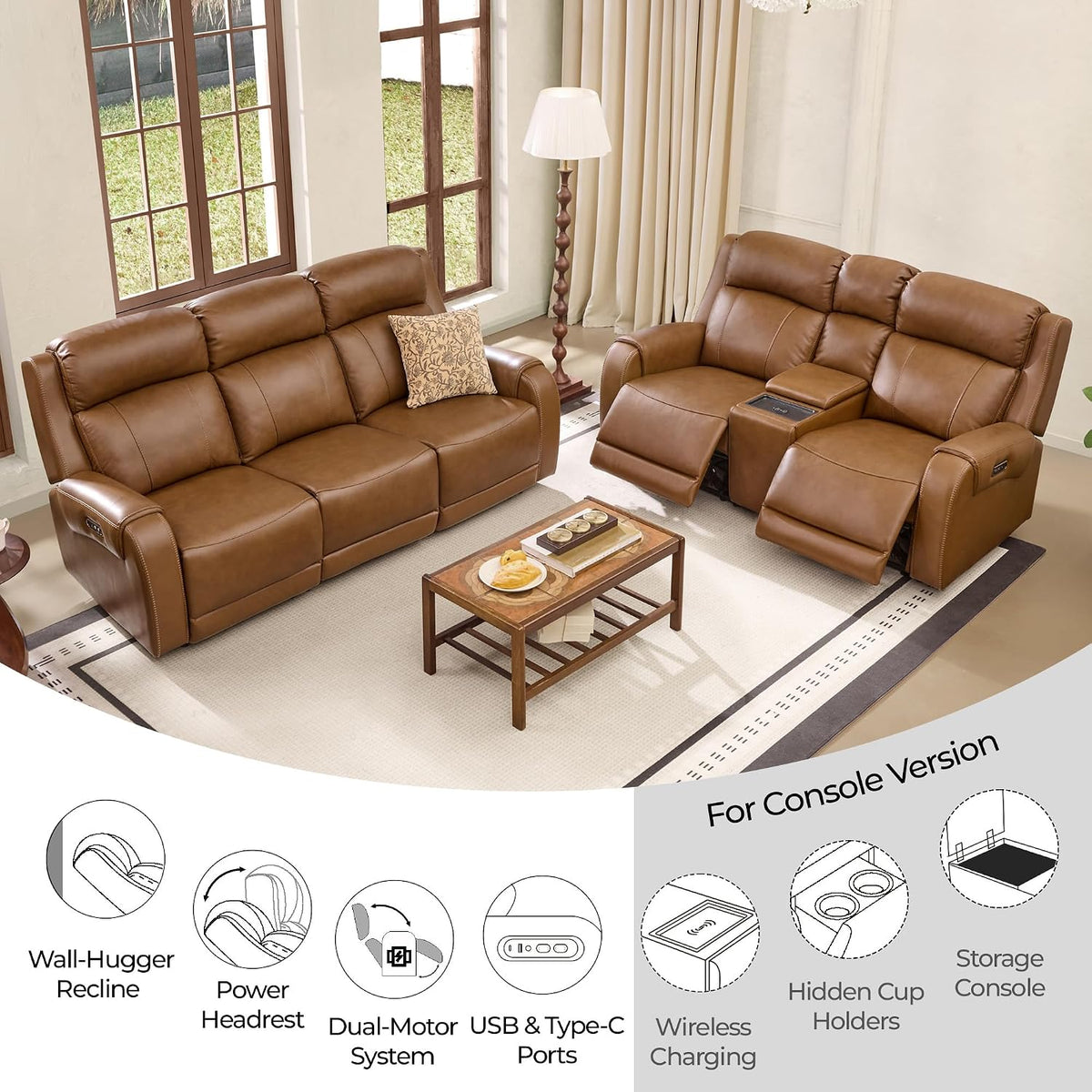 CHITA Genuine Leather Power Recliner Sofa, 3 Seater Reclining Sofa, Saddle