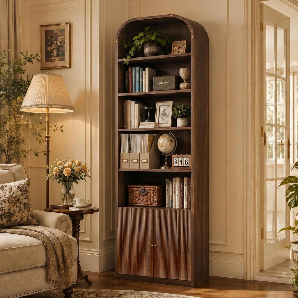 71" Tall Arched Bookshelf with Door, 7 Tiers Arched Bookcase with Storage, Adjustable Book Shelves for Living Room, Kitchen, Home Office, Walnut