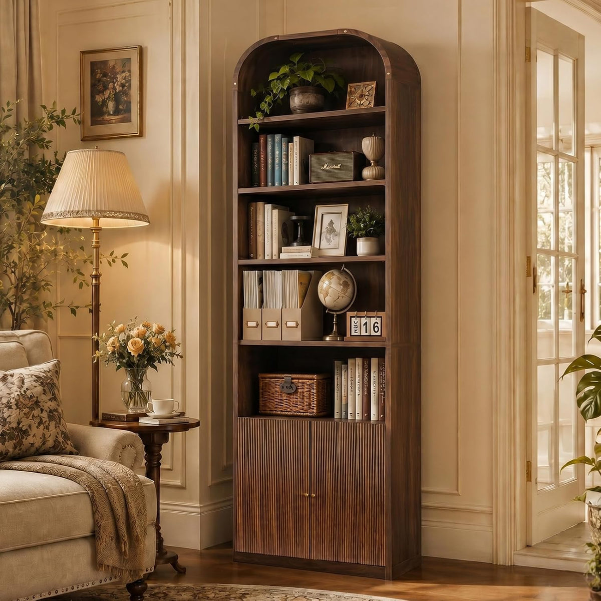 71" Tall Arched Bookshelf with Door, 7 Tiers Arched Bookcase with Storage, Adjustable Book Shelves for Living Room, Kitchen, Home Office, Walnut