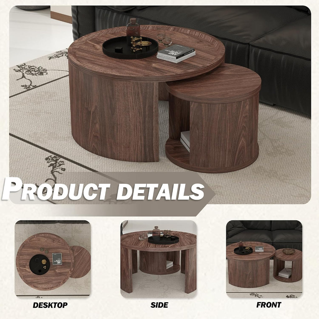 32" Anti-Slip Nesting Tables, Nesting Side Tables with Smooth Wood top, Nesting Coffee Tables with Minimalist Aesthetic for Modern Interior Home Spaces, Natural Wood