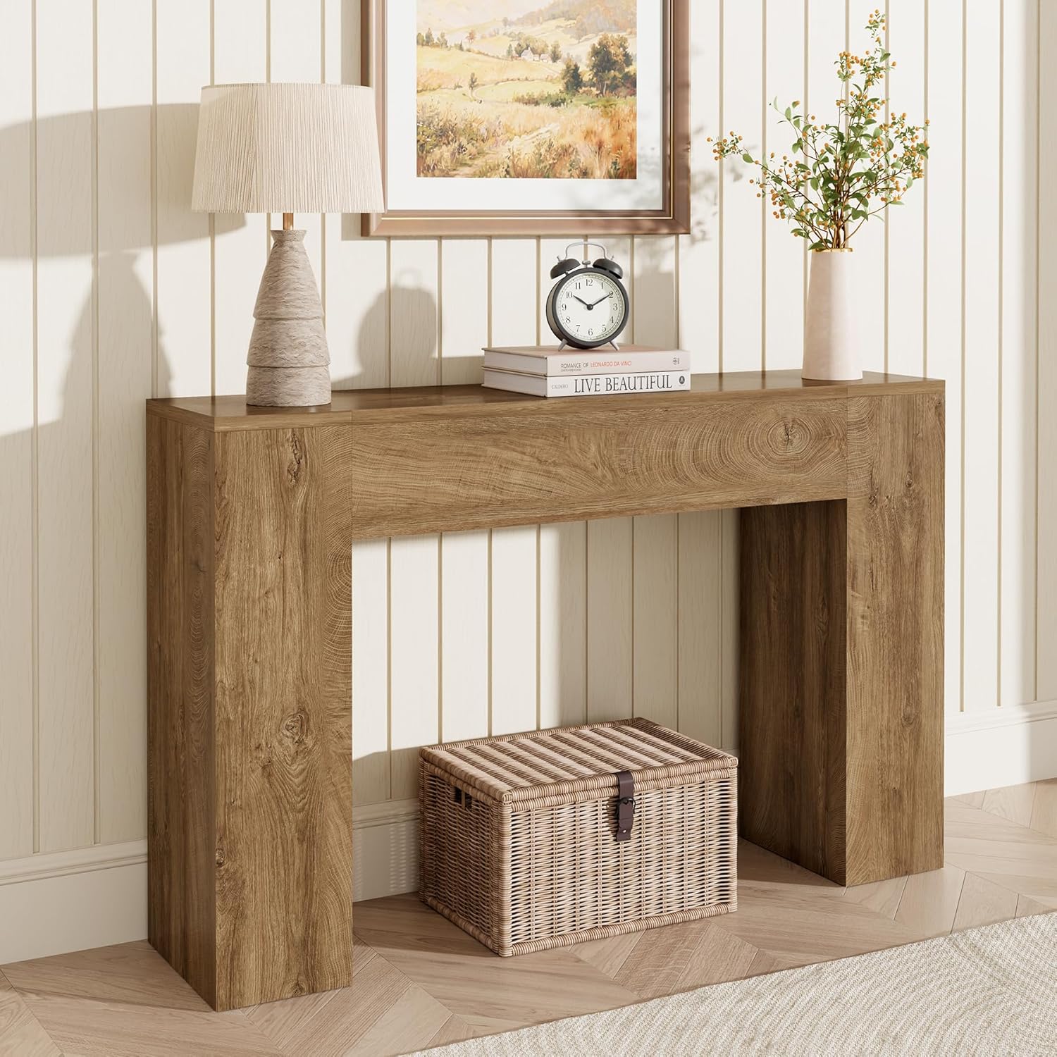 43 Inch Wood Console Table, Natural Oak Small Sofa Table for Entryway Living Room, Farmhouse Rectangular Accent Couch Table Behind Sofa with Sturdy Wood Base, for Hallway Foyer Entrance