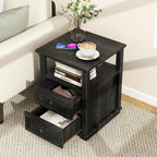 MUUEGM Farmhouse Nightstand 18” Brown End Table with Charging Station Rustic Wood Tall Bedside Table with 2 Drawers Storage Small Dresser Open Shelf for Bedroom, Living Room, Closet