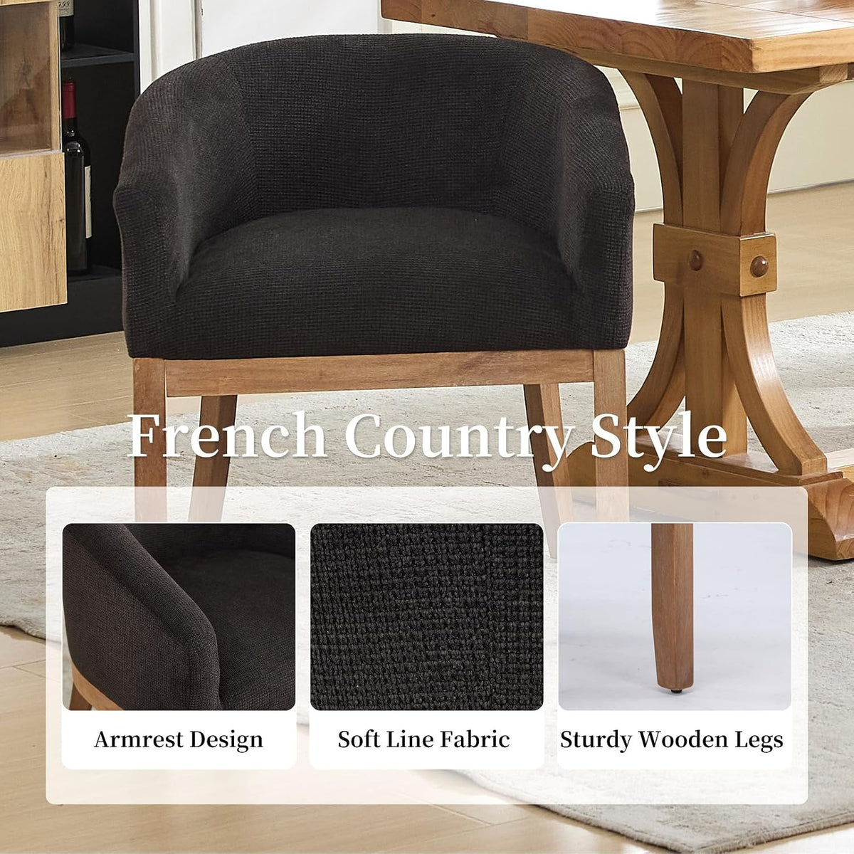 Mid Century Modern Dining Chairs Set of 2, Upholstered Linen Fabric Dining Room Chairs with Arms and Solid Wood Legs, Comfy Barrel Accent Chairs for Dining Room, Living Room, or Cafe, Charcoal Gray