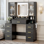 BORNOON Vanity Desk with Mirror and Lights, Makeup Vanity with 7 Drawers, 2 Glass Door Cabinets, Charging Station, Adjustable Shelves, RGB Lighting, Holder