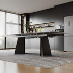 Expandable Dining Table 62.99 to 94.48 Inch Sintered Stone Marble Table Black Carbon Steel Base Diagonal Leg Design for Home Kitchen (Snowflake White)