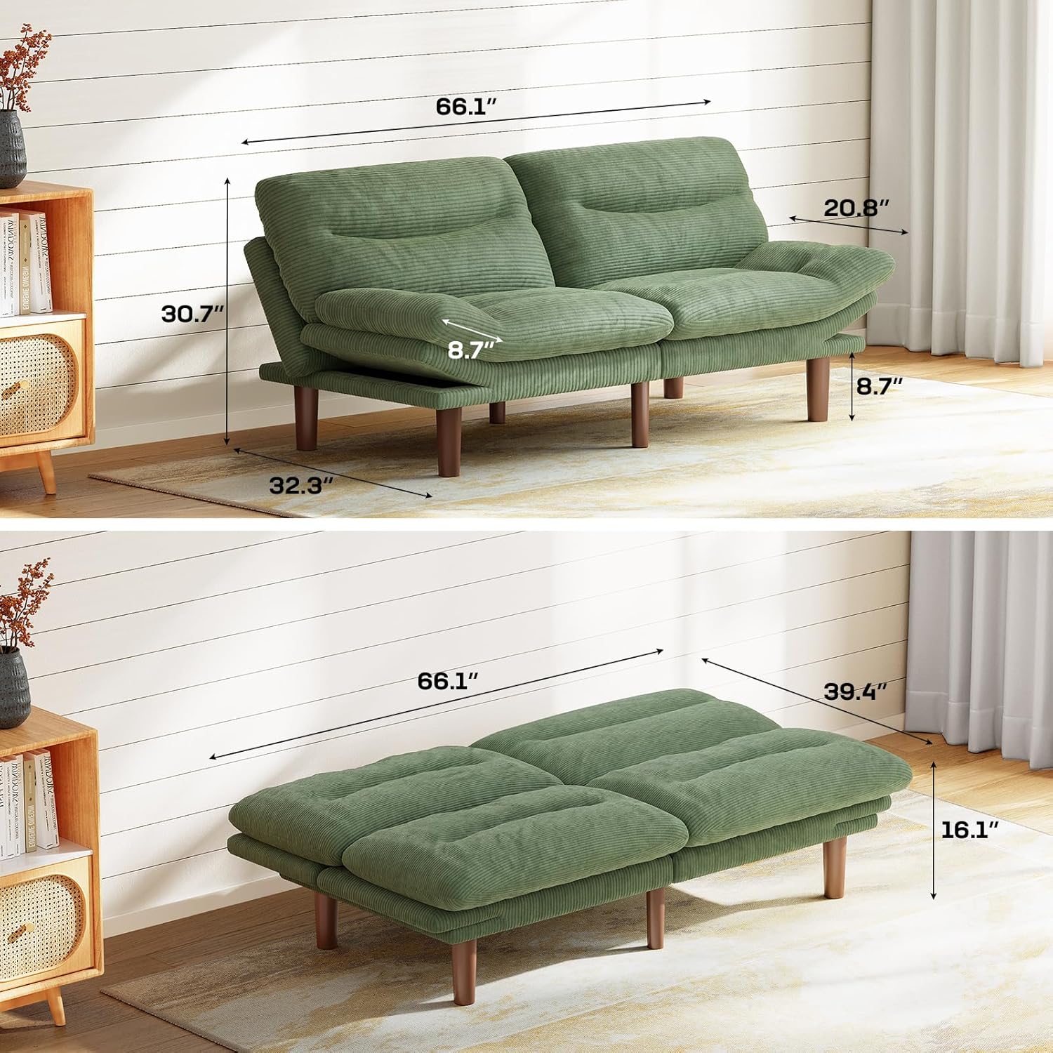 Marsail 66.1" Futon Sofa Bed, Corduroy Convertible Futon Couch with Adjustable Backrest & Armrests, Small Sleeper Sofa Loveseat for Small Apartments, Study Room, Office, Green