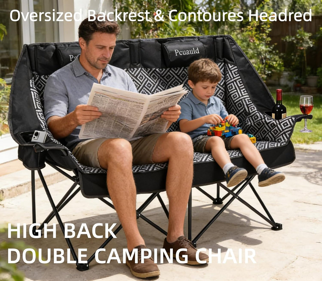 High Back Double Camping Chair Padded Folding Loveseat with Adjustable Pillows Heavy Duty 2 Person Camping Lawn Chairs for Adults with Cup Holders & Wine Racks for Outdoor Sports Beach Fishing