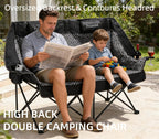 High Back Double Camping Chair Padded Folding Loveseat with Adjustable Pillows Heavy Duty 2 Person Camping Lawn Chairs for Adults with Cup Holders & Wine Racks for Outdoor Sports Beach Fishing