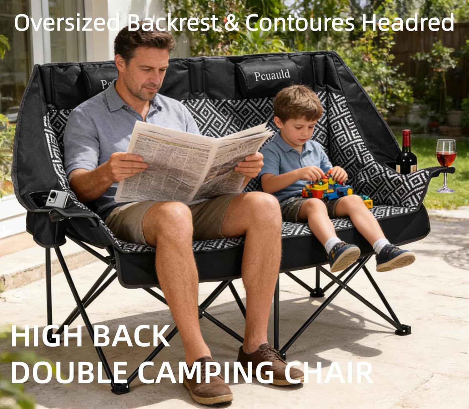 High Back Double Camping Chair Padded Folding Loveseat with Adjustable Pillows Heavy Duty 2 Person Camping Lawn Chairs for Adults with Cup Holders & Wine Racks for Outdoor Sports Beach Fishing