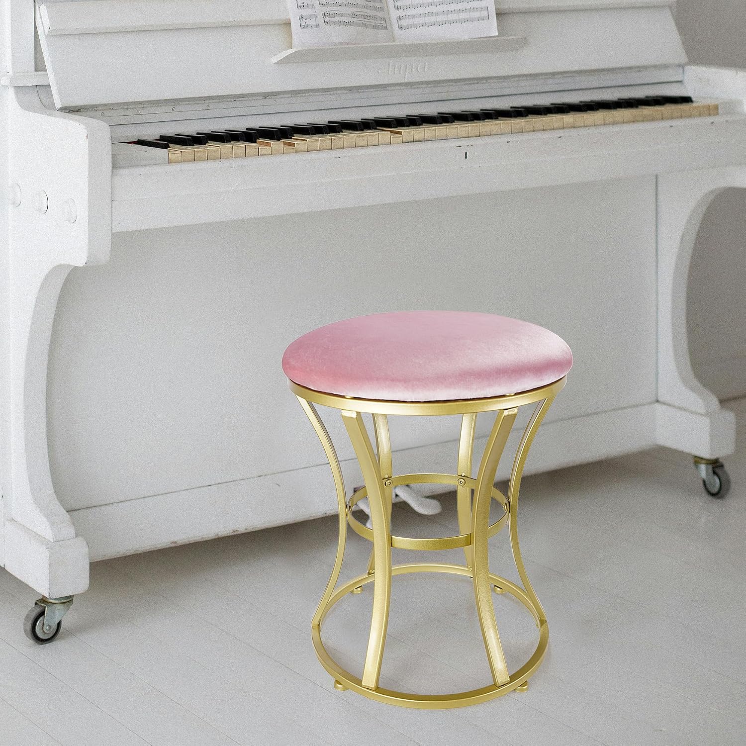 Vanity Chair, Small Velvet Vanity Stool & Ottoman Bench for Bathroom, Dorm | Foot rest Stools Pink Round Seat with Golden Metal Legs for Makeup Room, Entryway, Offices, Living Room, Dressing Table