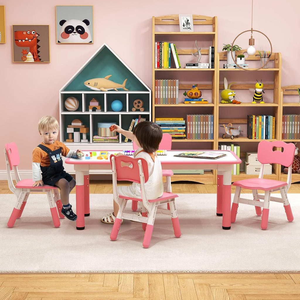 KOTEK Kids Table and Chairs Set of 4, Height Adjustable Children Activity Table & Play Table with Graffiti Desktop, Toddler Table and Chair Set for Daycare, Playroom, Home, Preschool (Pink)