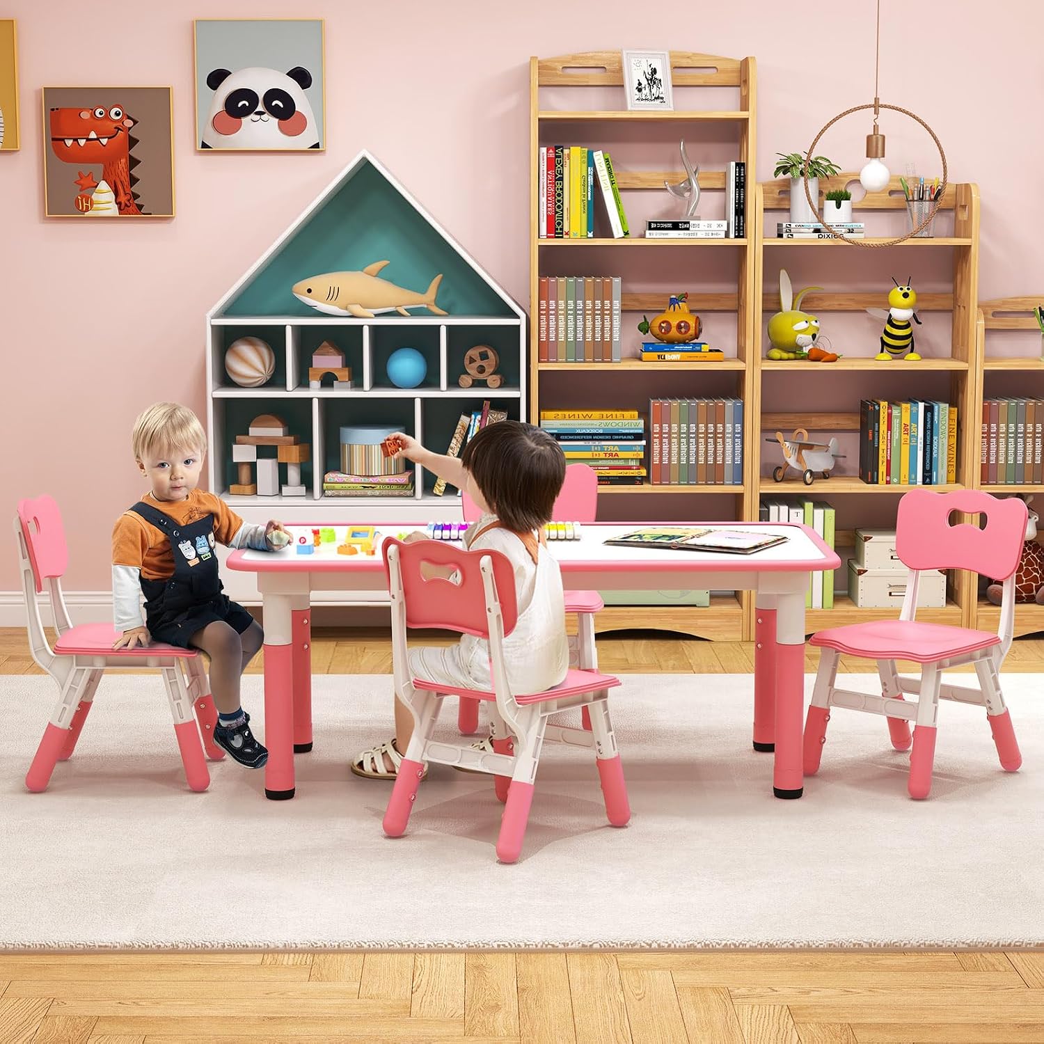 KOTEK Kids Table and Chairs Set of 4, Height Adjustable Children Activity Table & Play Table with Graffiti Desktop, Toddler Table and Chair Set for Daycare, Playroom, Home, Preschool (Pink)