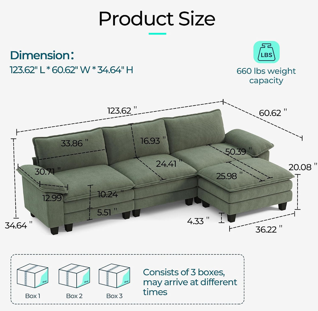 LINSY HOME 123'' Modular Sectional Sofa 3 Seat Couch Corduroy Cloud Couch with Deep Seat, Modern L-Shaped Cloud Couch with 1 Movable Ottoman for Living Room, Office, Bedroom, Green