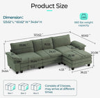 LINSY HOME 123'' Modular Sectional Sofa 3 Seat Couch Corduroy Cloud Couch with Deep Seat, Modern L-Shaped Cloud Couch with 1 Movable Ottoman for Living Room, Office, Bedroom, Green
