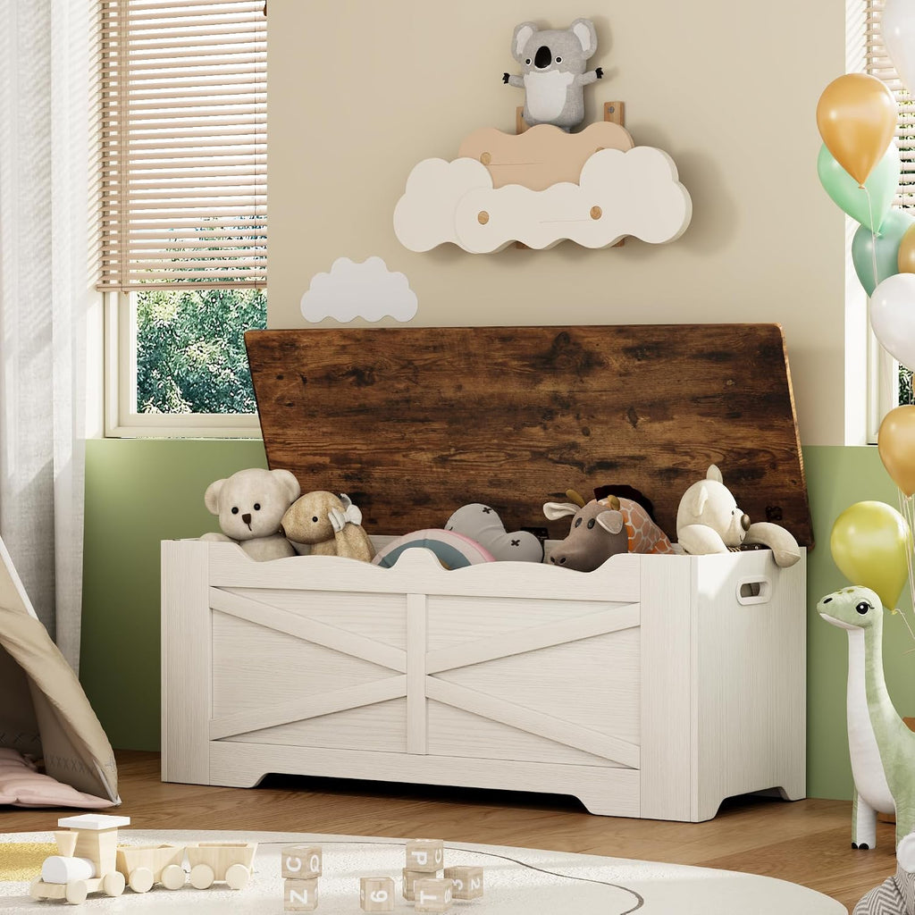47.2" Wooden Storage Bench with 2 Safety Hinges, Flip Top Storage Trunk, 300lbs Load Capacity, Blanket Organizer Bench for Entryway Hallway Bedroom Living Room, White Walnut