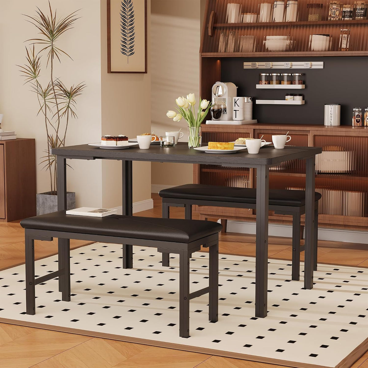 Garvee 3-Piece Dining Table Set, 3-Piece Kitchen Table with 2 Upholstered Benches, Space-Saving Dining Room Set for Breakfast Nook and Small Spaces, Black