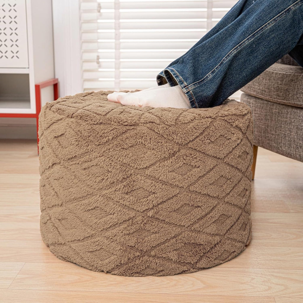 Fluffy Round Ottoman Pouf with All-in-One Foam Filling 20" x 14" Furry Ottoman Foot Rest Foot Stool for Living Room or Bedroom (Light Coffee)