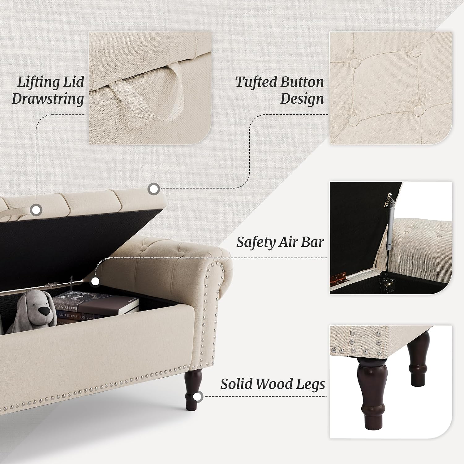 Cozyman Storage Bench Ottoman, 61" King Linen Rolled Arm Bedroom End of Bed Bench, Window Bench with Button Tufted and Nailhead Trim for Foot of Bed Bench, Bedroom, Entryway, Living Room, Linen Color