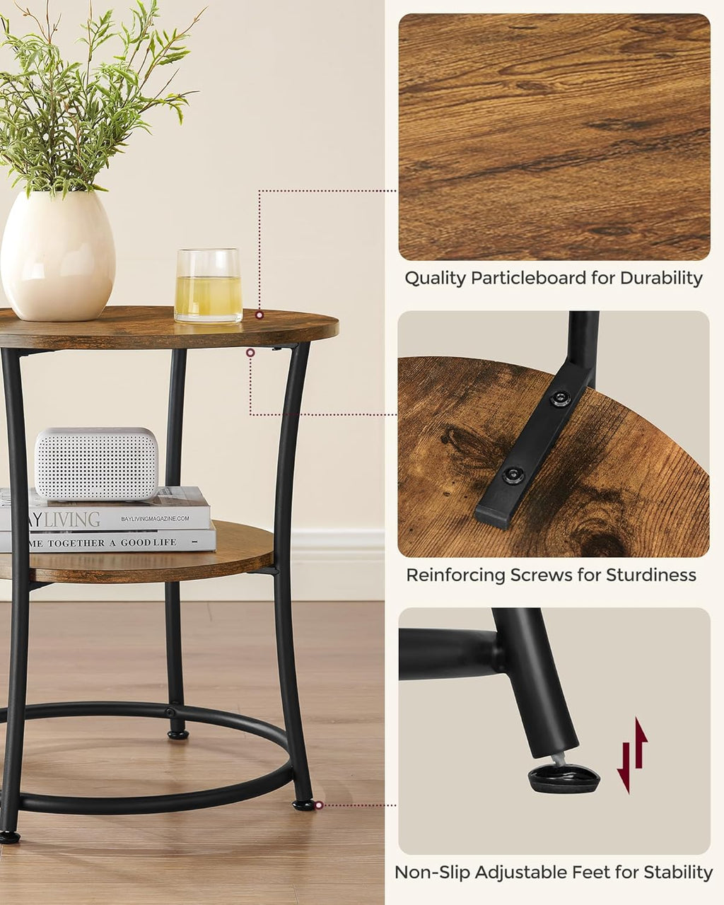 VASAGLE 21.7-Inch Round Side Table, 2-Tier End Table, Nightstand with Steel Frame, Spacious Top, for Small Spaces, Living Room, Bedroom, Rustic Brown and Ink Black ULET56BX