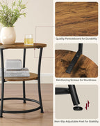 VASAGLE 21.7-Inch Round Side Table, 2-Tier End Table, Nightstand with Steel Frame, Spacious Top, for Small Spaces, Living Room, Bedroom, Rustic Brown and Ink Black ULET56BX