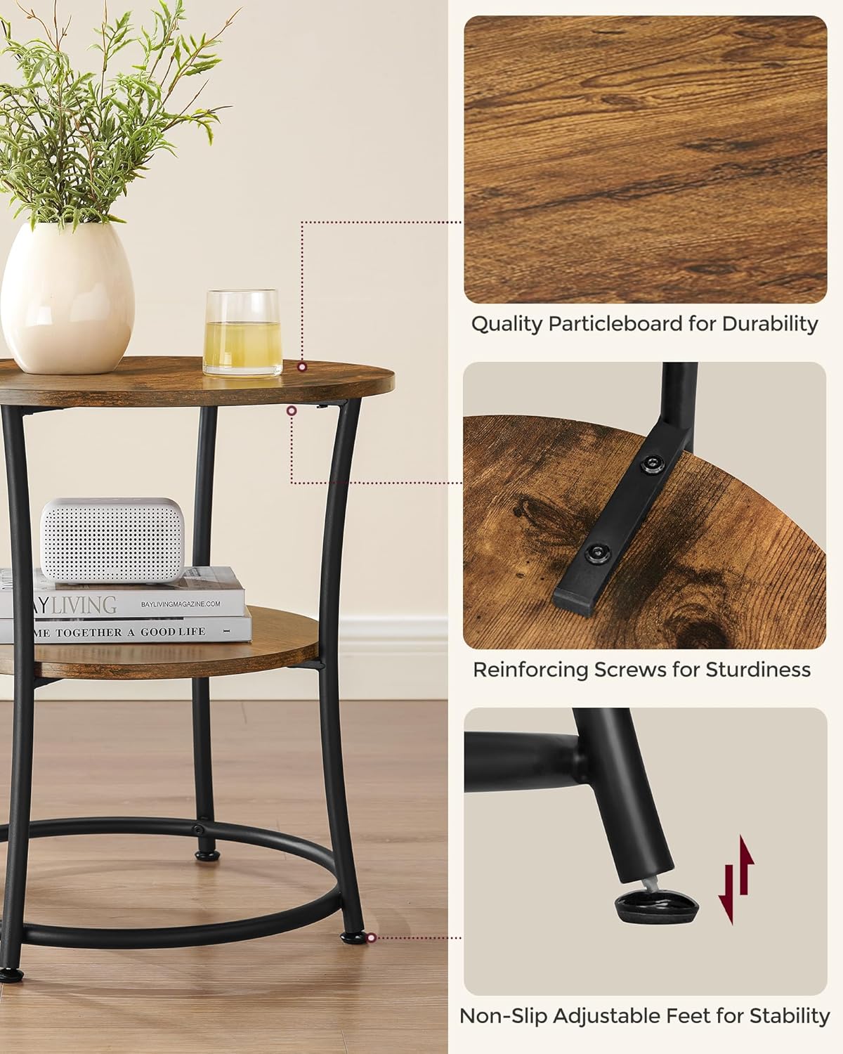 VASAGLE 21.7-Inch Round Side Table, 2-Tier End Table, Nightstand with Steel Frame, Spacious Top, for Small Spaces, Living Room, Bedroom, Rustic Brown and Ink Black ULET56BX