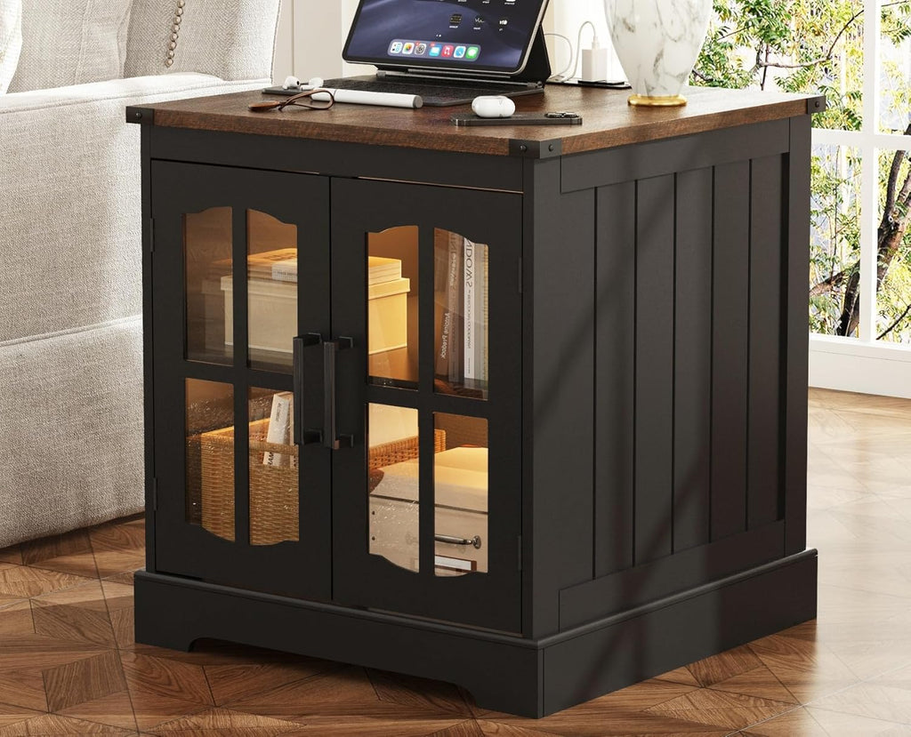 ChooChoo Farmhouse End Table Set of 2, 24" Large Sofa Side Table with Charging Station & LED Light, Black Nightstand with Adjustable Storage Shelf, Square Bedside Table for Living Room