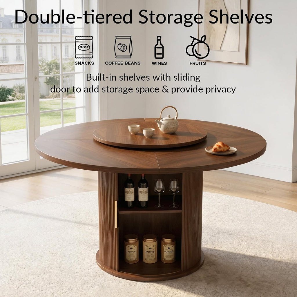 55.1 Inch Round Dining Table for 4-6, Modern Kitchen Table with Storage, Circle Dining Room Table with Wooden Pedestal Base for Living Room, Dining Room & Kitchen, Walnut