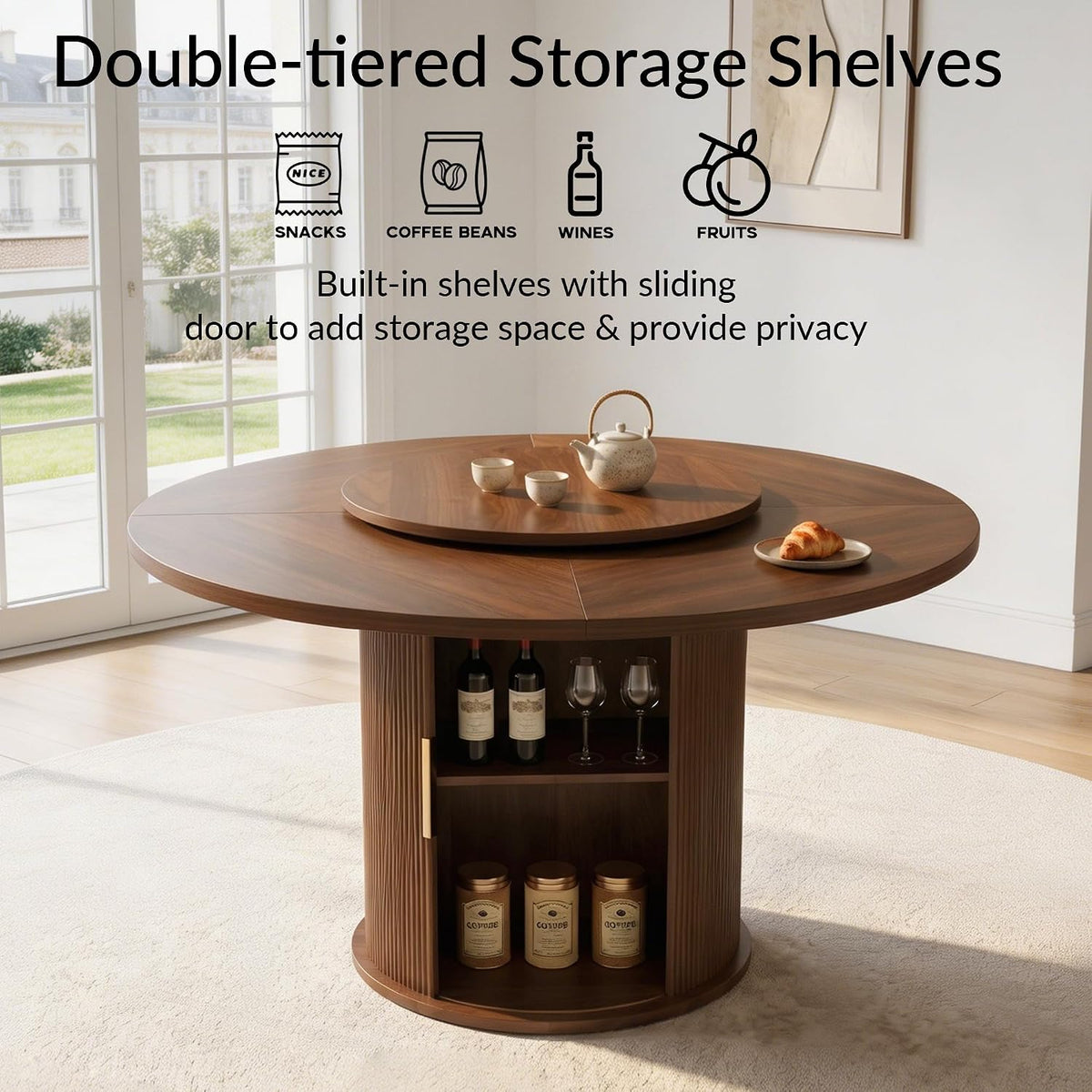 55.1 Inch Round Dining Table for 4-6, Modern Kitchen Table with Storage, Circle Dining Room Table with Wooden Pedestal Base for Living Room, Dining Room & Kitchen, Walnut