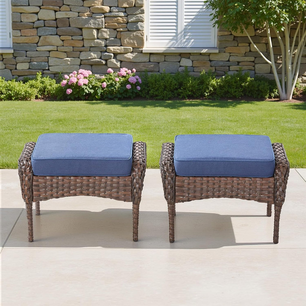 Outdoor Patio Ottomans Set of 2, Outdoor Wicker Footrest Seat with Removable Cushions, Patio Footrest Extra Seating for Deck Porch Sunroom Backyard, Blue