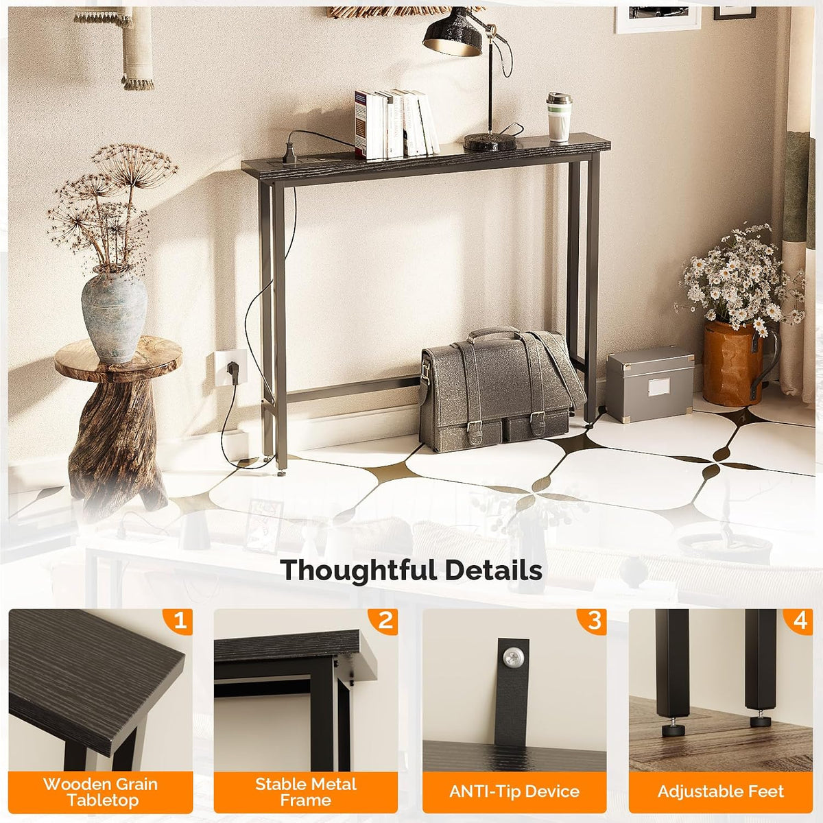 VINGLI 39" Console Table with Charging Station, 5.9" Narrow Sofa Table Behind Couch, Entryway Table with Power Outlet & 4.9 Ft Extension Cord & Adjustable Feet, for Living Room, Hallway, Black
