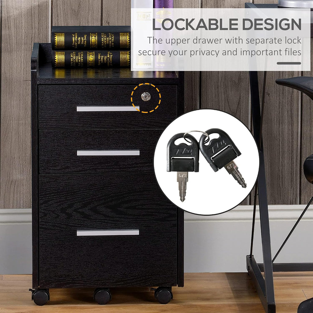 HOMCOM 3 Drawer File Cabinet Office Storage Lock, Wheels, Letter/A4, Black | Edged Top, Small Office Storage