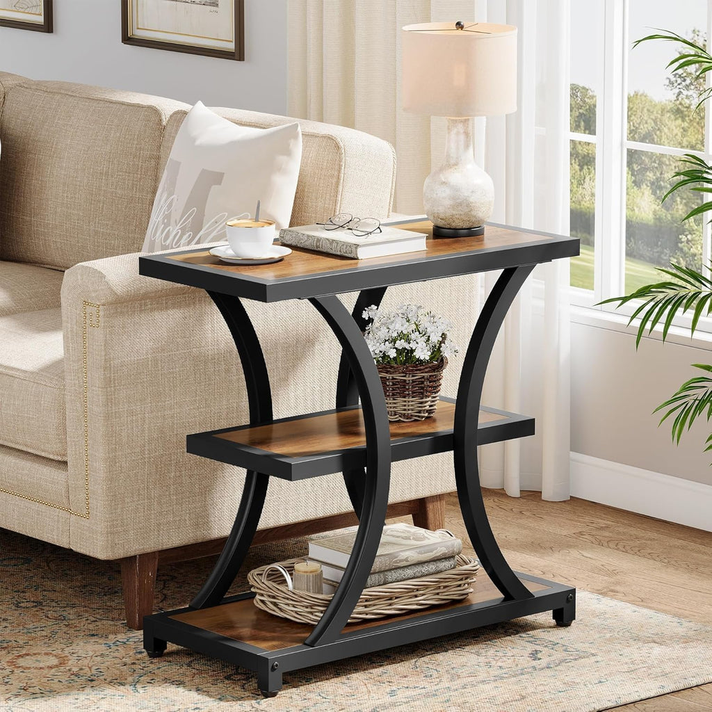 Tribesigns End Table with Storage, 3-Tier Side Table with Geometric Metal Design, Industrial Nightstand for Small Spaces, Living Room, Bedroom, Study Room (Rustic Brown)