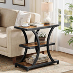 Tribesigns End Table with Storage, 3-Tier Side Table with Geometric Metal Design, Industrial Nightstand for Small Spaces, Living Room, Bedroom, Study Room (Rustic Brown)