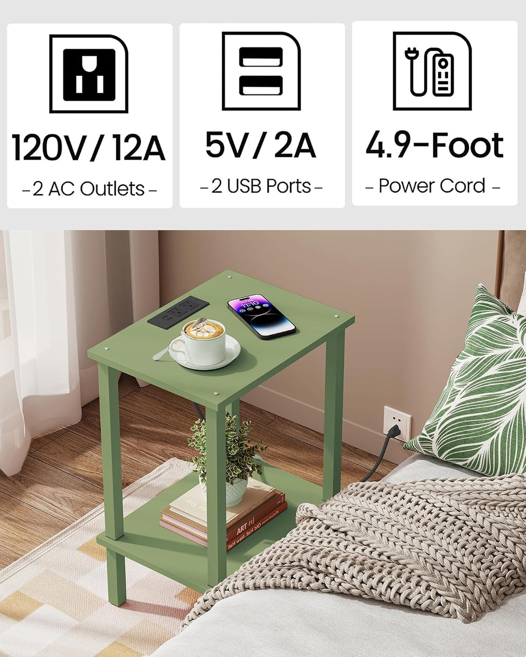 TUTOTAK End Table with Charging Station, Small Side Table with Outlets, Nightstand Bedside Table, 2-Tier Storage Shelf for Small Space, Living Room, Bedroom, Olive Green TB01BOG040