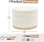 Round Storage Ottoman with Tray Lid, Folding Chenille Fabric Footrest with Hidden Storage, 22.8" Large Footstool Side Table for Dorm Living Room Bedroom, Wood Grain Base, Cream White