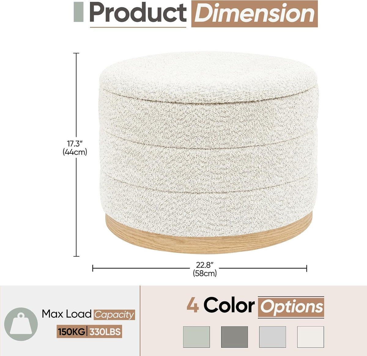 Round Storage Ottoman with Tray Lid, Folding Chenille Fabric Footrest with Hidden Storage, 22.8" Large Footstool Side Table for Dorm Living Room Bedroom, Wood Grain Base, Cream White