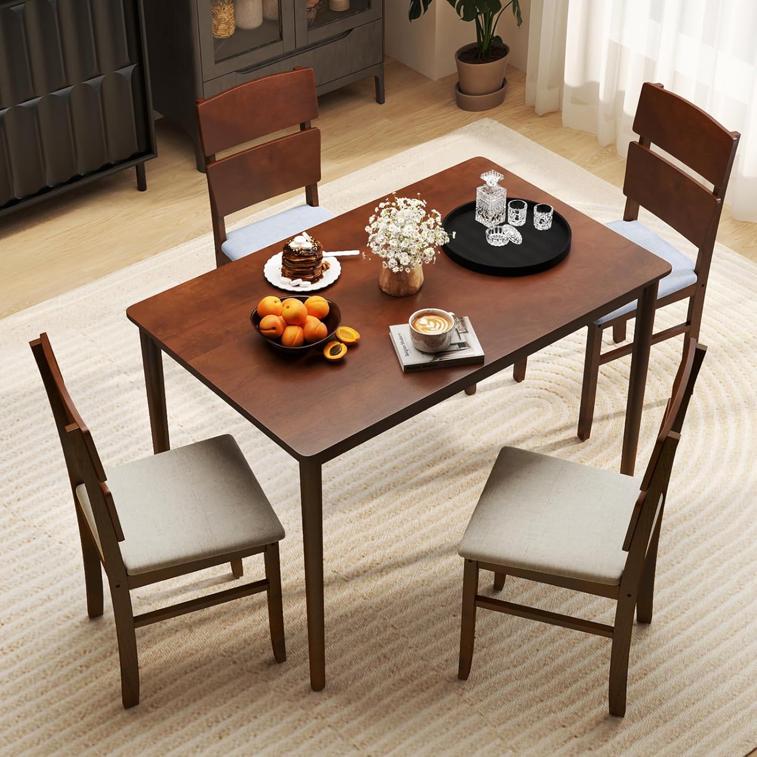Tangkula Dining Table Set for 4, Dinette Set with Table and 4 Padded Seat, Rubber Wood Legs, Curved Backrest, Mid-Century Modern Kitchen Table and Chairs Set of 4 for Living Room, Dining Room