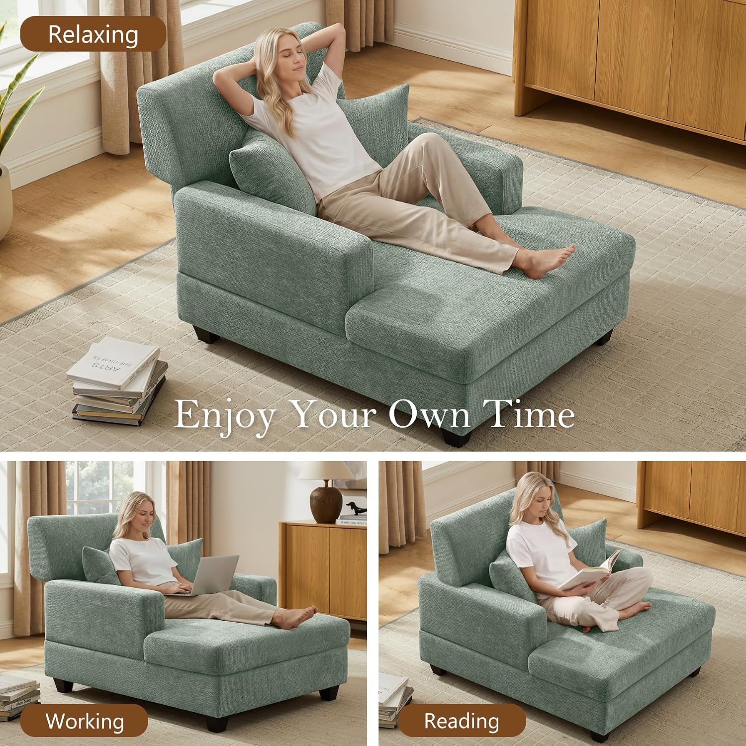VANOMi 55.5" Chaise Lounge Chair with Adjustable Backrest, Chenille Sage