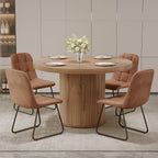 5-Piece Dining Set for Small Spaces 43.3" Round Table & 4 PU Leather Chairs, Modern Farmhouse with Storage Shelf, Apartment Kitchen Easy Assembly (Walnut Color Round Table + 4 U-Shaped Brown Chairs)