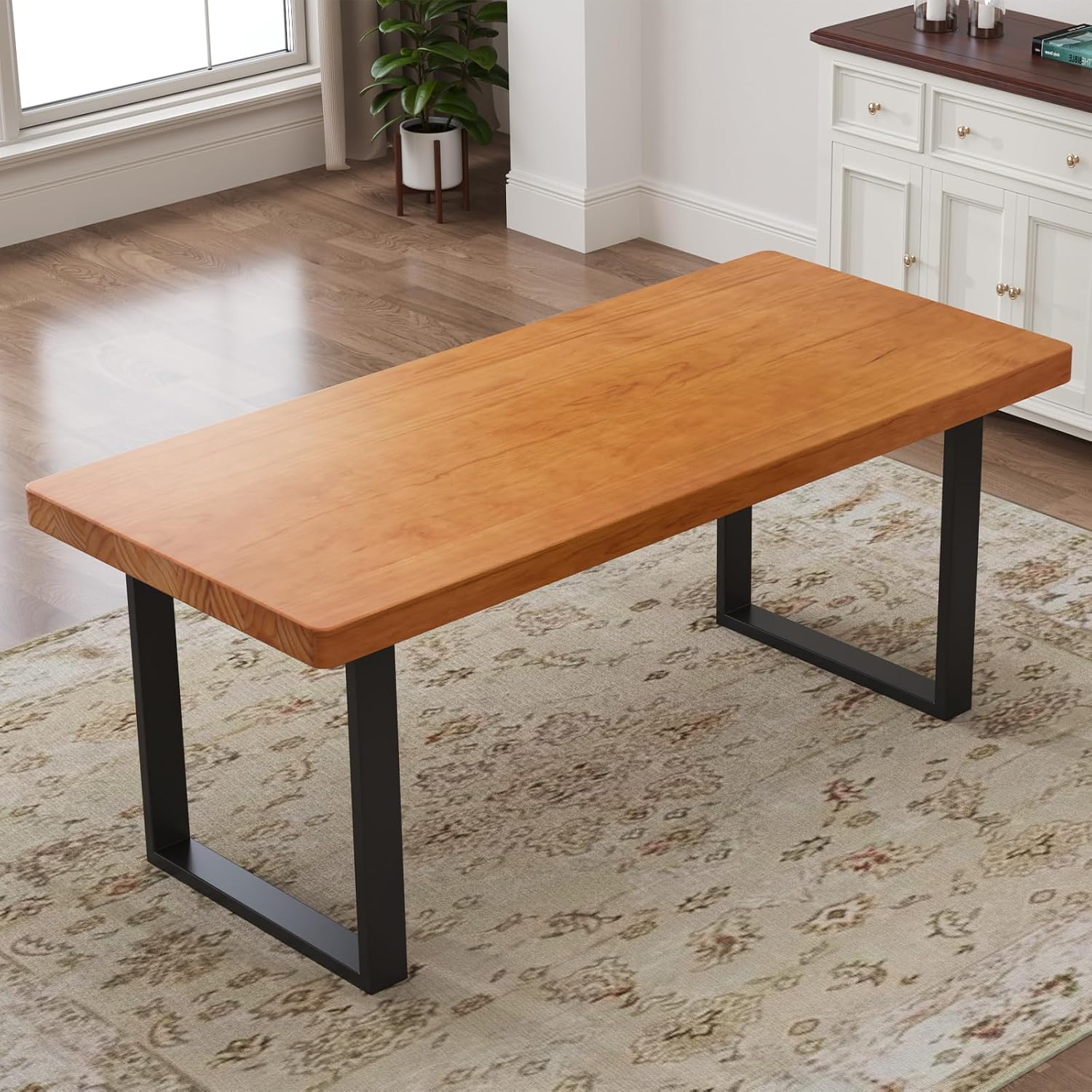 Stylish Modern Minimalist Solid Wood Dining Table with Sturdy Metal Base – Easy Assembly, Versatile Design for Dining Rooms, Living Rooms, and Offices