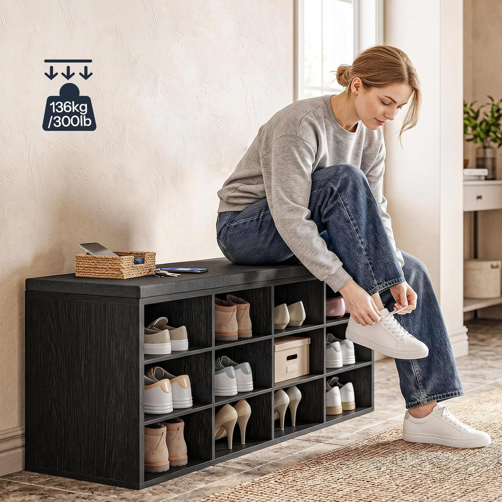 HOOBRO Shoe Storage Bench with Cushion, 39.4" L Entryway Bench with 12 Cubbies, Entryway Hall Tree with Storage, Cubby Shoe Rack Bench with Coat Rack for Hallway, Holds up to 330 lb, Black BB112HX01