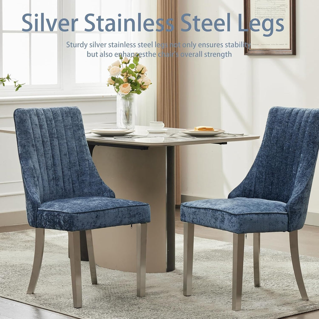 Shenyon Blue Dining Chairs Set of 6，Chenille Fabric Upholstered Dining Chairs with Silver Stainless Steel Legs, Modern Kitchen Chairs for Dining Room, Kitchen (Blue)