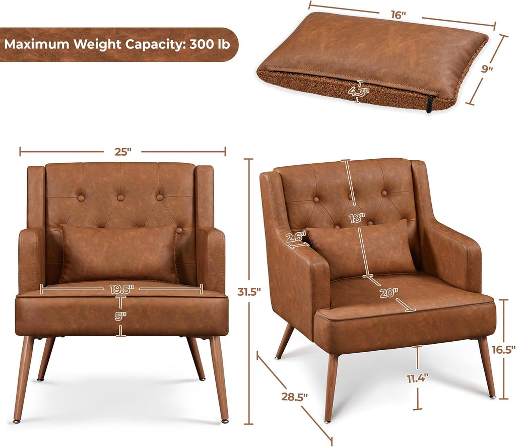 Yaheetech Accent Chair, Mid-Century Modern Armchair, Retro Brown | Faux Leather Chair with Lumbar Pillow, Comfy Upholstered Reading Chair for Living Room, Bedroom and Small Spaces