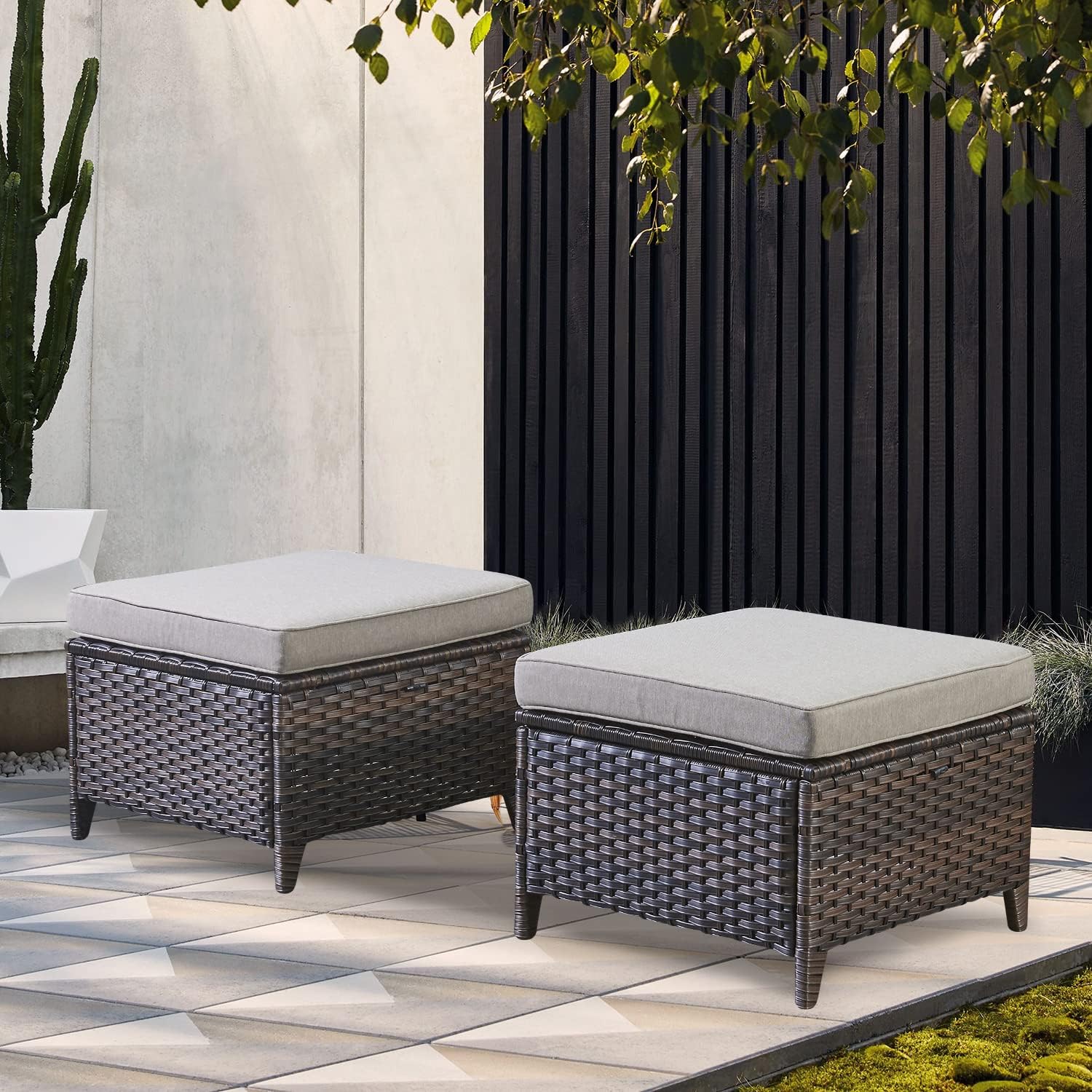 Belord Outdoor Furniture Ottoman Set of 2 Patio Seating Footstool All-Weather Rattan Wicker Ottoman Seat with Soft Cushions for Patio Furniture Set
