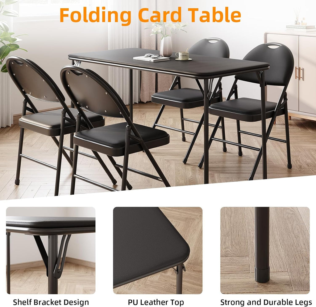 IDEALHOUSE 4 Feet Folding Table, Protable Foldable Card Table, Black | Metal Legs Support, Upholstered PU Leather Tabletop, Heavy Duty, No Assembly Required, Perfet for Indoor and Outdoor