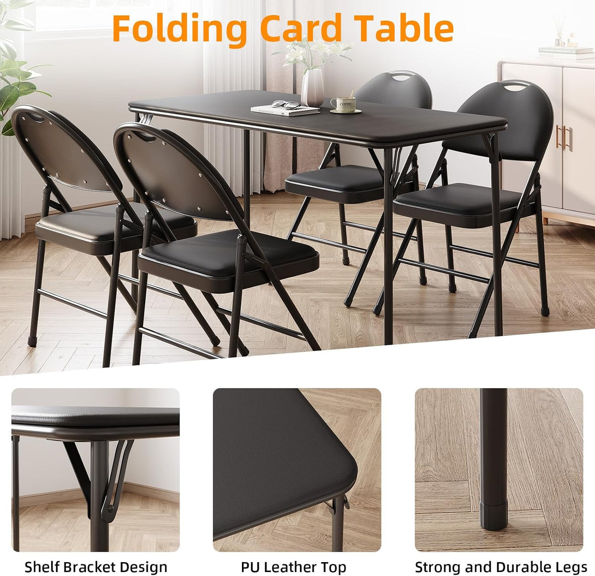 IDEALHOUSE 4 Feet Folding Table, Protable Foldable Card Table, Black | Metal Legs Support, Upholstered PU Leather Tabletop, Heavy Duty, No Assembly Required, Perfet for Indoor and Outdoor