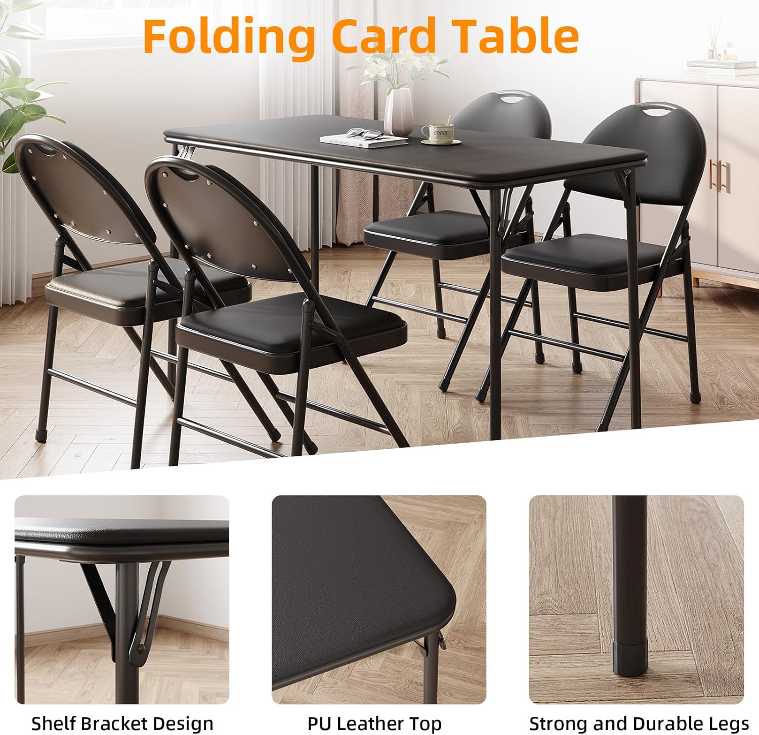 Garvee 4 ft Folding Table Indoor Outdoor, Protable Foldable Card Table, Lockable Metal Legs Support, Upholstered PU Leather Tabletop, Heavy Duty for Picnic Parties Wedding BBQ Camping